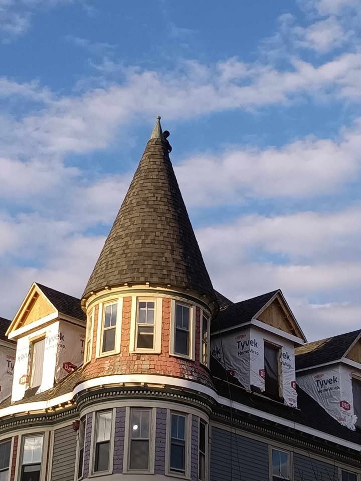 Projects Finished turret roof with new shingles on a historic Massachusetts home